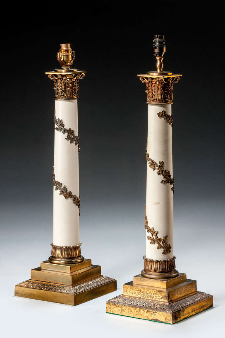 Pair of early 20th century Gilt Bronze Column Lamps In Excellent Condition For Sale In Peterborough, Northamptonshire