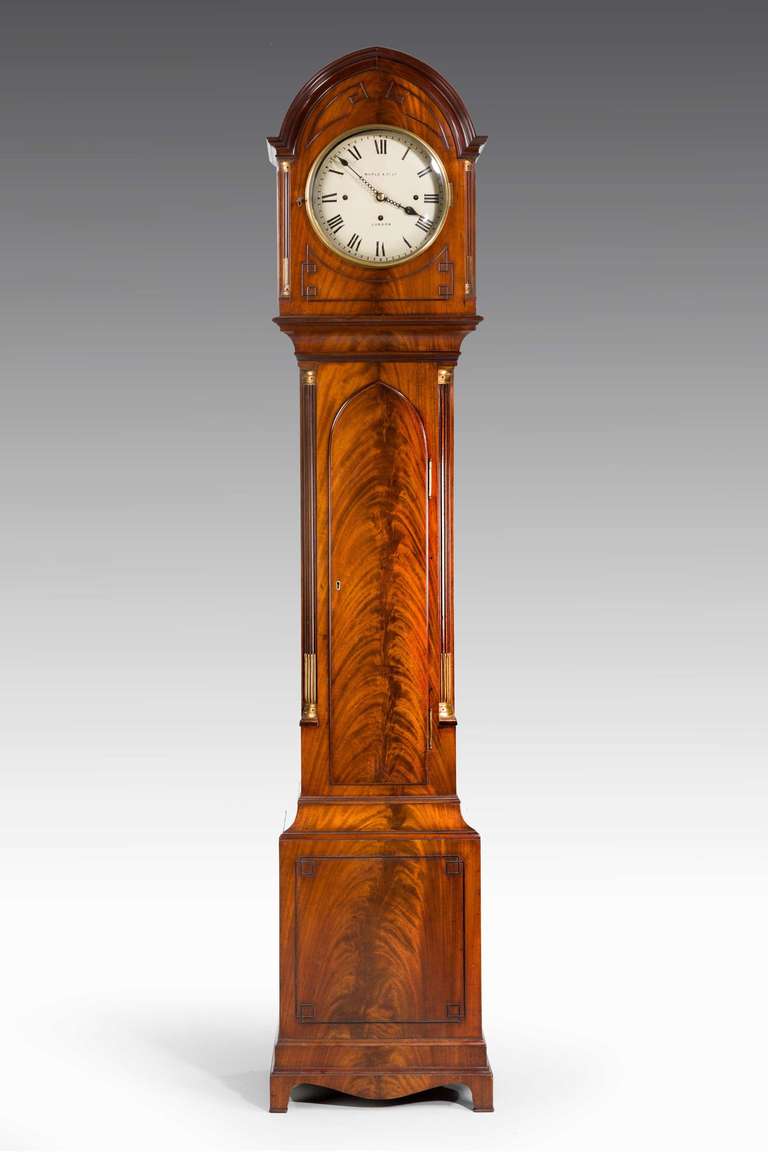 Late 19th century mahogany longcase clock in perfect working order. The face signed by Maple and Company London.

The 8-day movement of this clock was most probable made by Elliott, a name which has always been synonymous with quality clocks. In