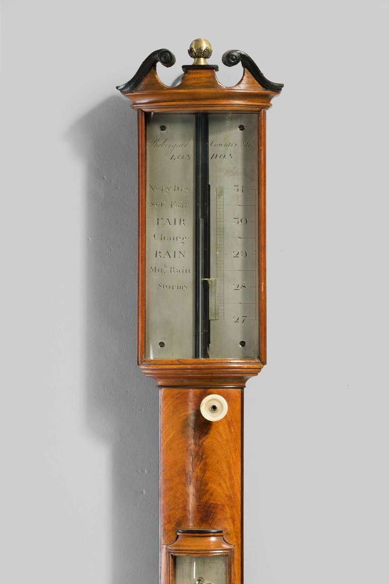 A fine George III period bow fronted barometer by Thomas Rubergall (1802-1854) of Coventry Street London in finely figured ebony strung case.

See page 92 plate 40 of Nicholas Goodison's English Barometers (1680-1860) for a very similar example.