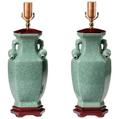 Pair of Celadon Crackle Ware Vase Lamps