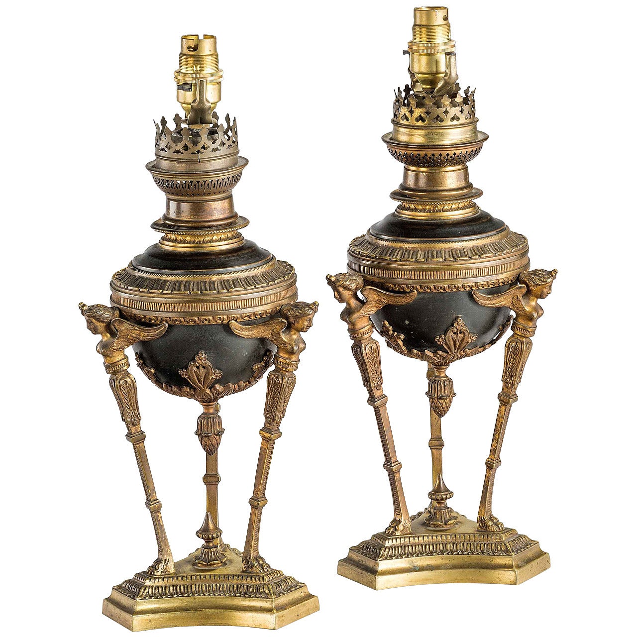 Pair of 19th Century Gilt Bronze Oil Lamps