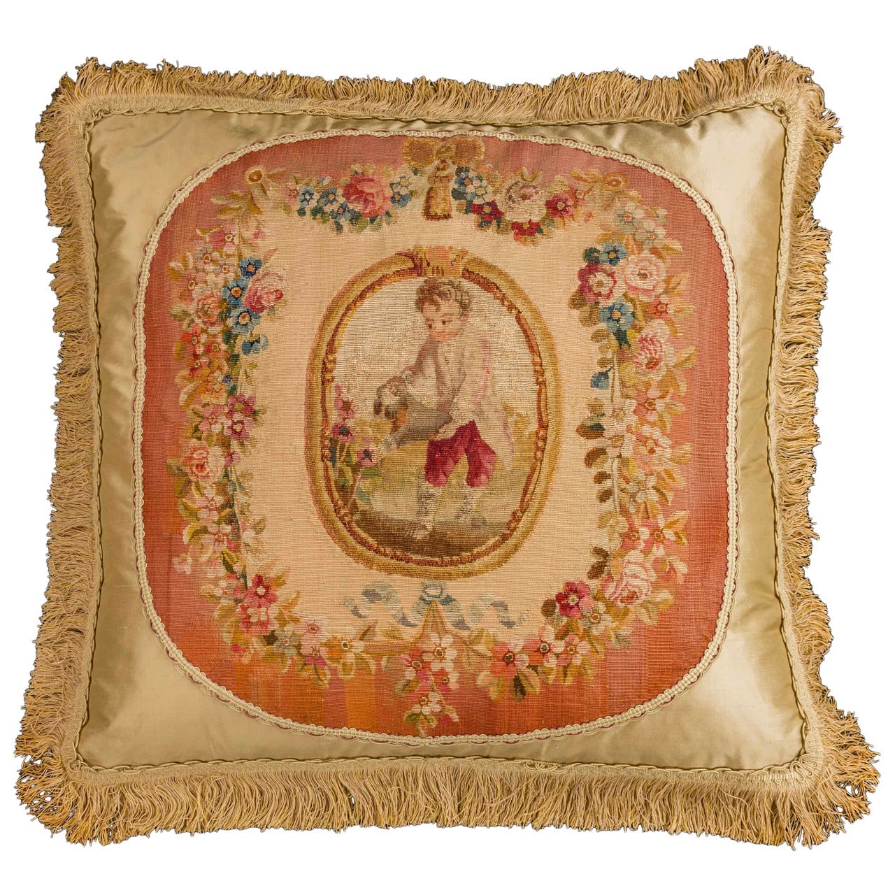 Cushion: 18th Century, Wool. A Child Gardening.