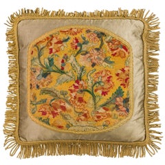Cushion: Mid to Late 18th Century, Wool. Exotic Flowers on a Yellow Background