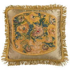 Mid to Late 18th Century Cushion. Exotic Flowers on Soft Gold