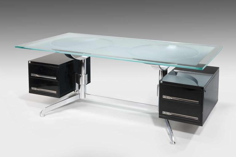 1970s French desk with metamorphic pedestals and chrome fitments, the pedestals in black steel.