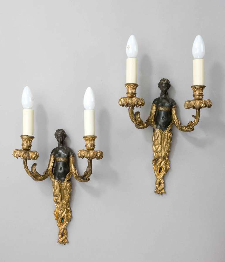 British Pair of Gilt Bronze and Bronze Wall Lights