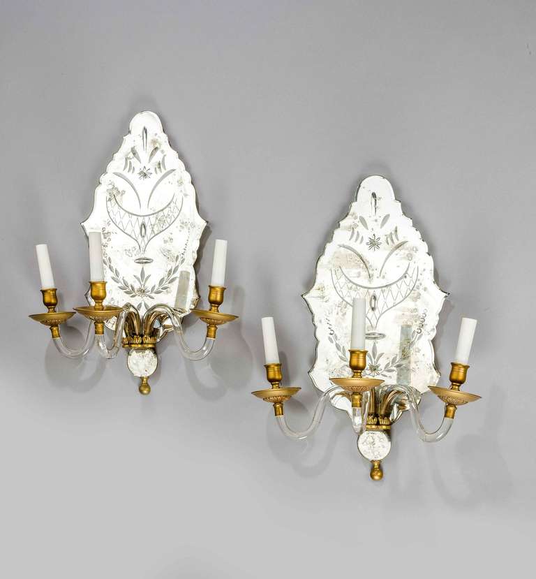 Pair of attractive late 19th century three-arm wall lights, almost certainly by Barges, in excellent condition.

