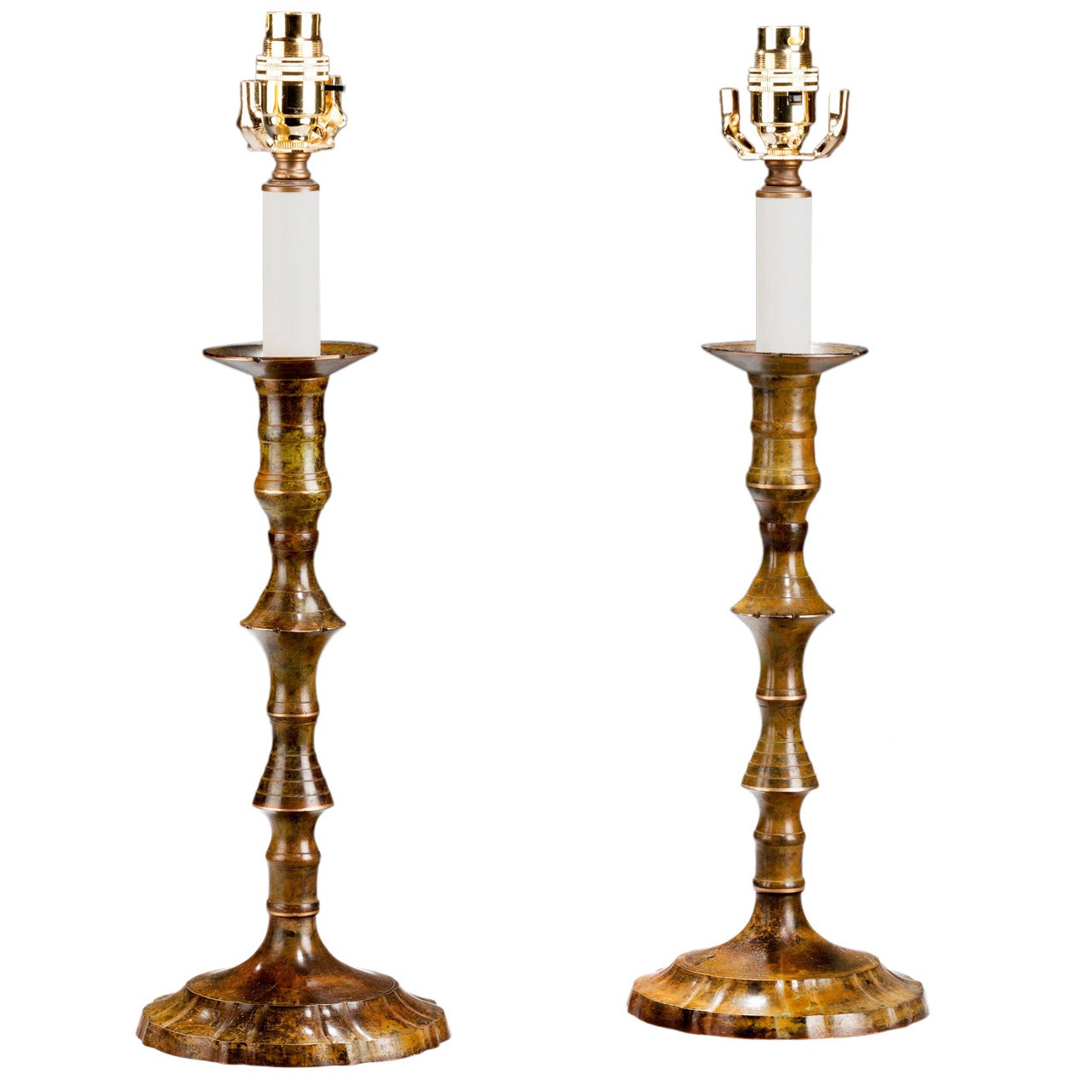 Pair of 'Antiqued' Brass Candlestick Lamps