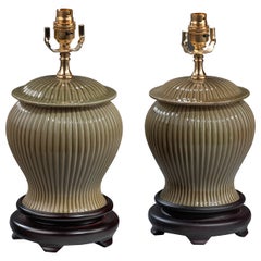 Pair of 20th century Ribbed Green Pottery Lamps