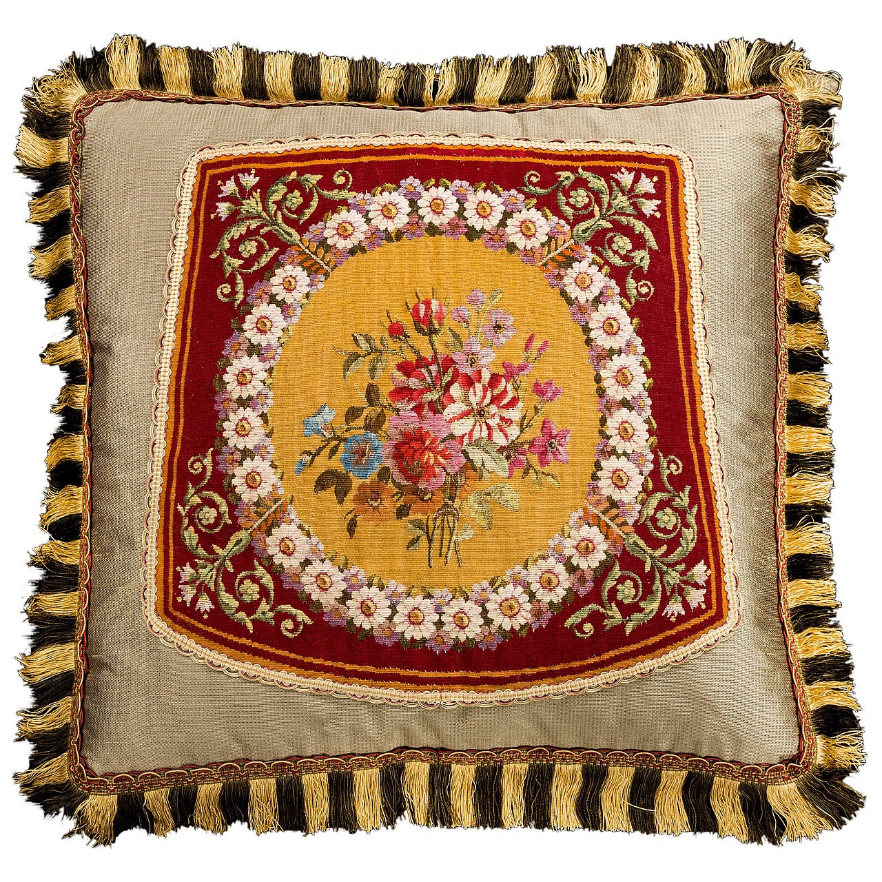 Cushion: 18th Century, Wool and Silk. A crown of flowers