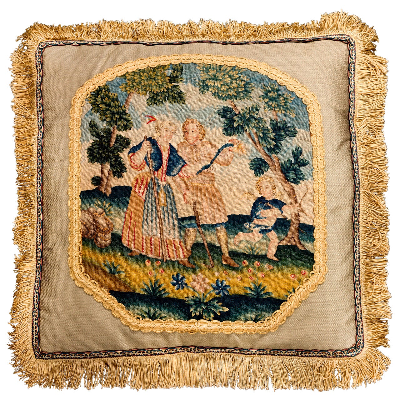 Cushion: 18th Century, Wool. Three Figures in a Garden Setting