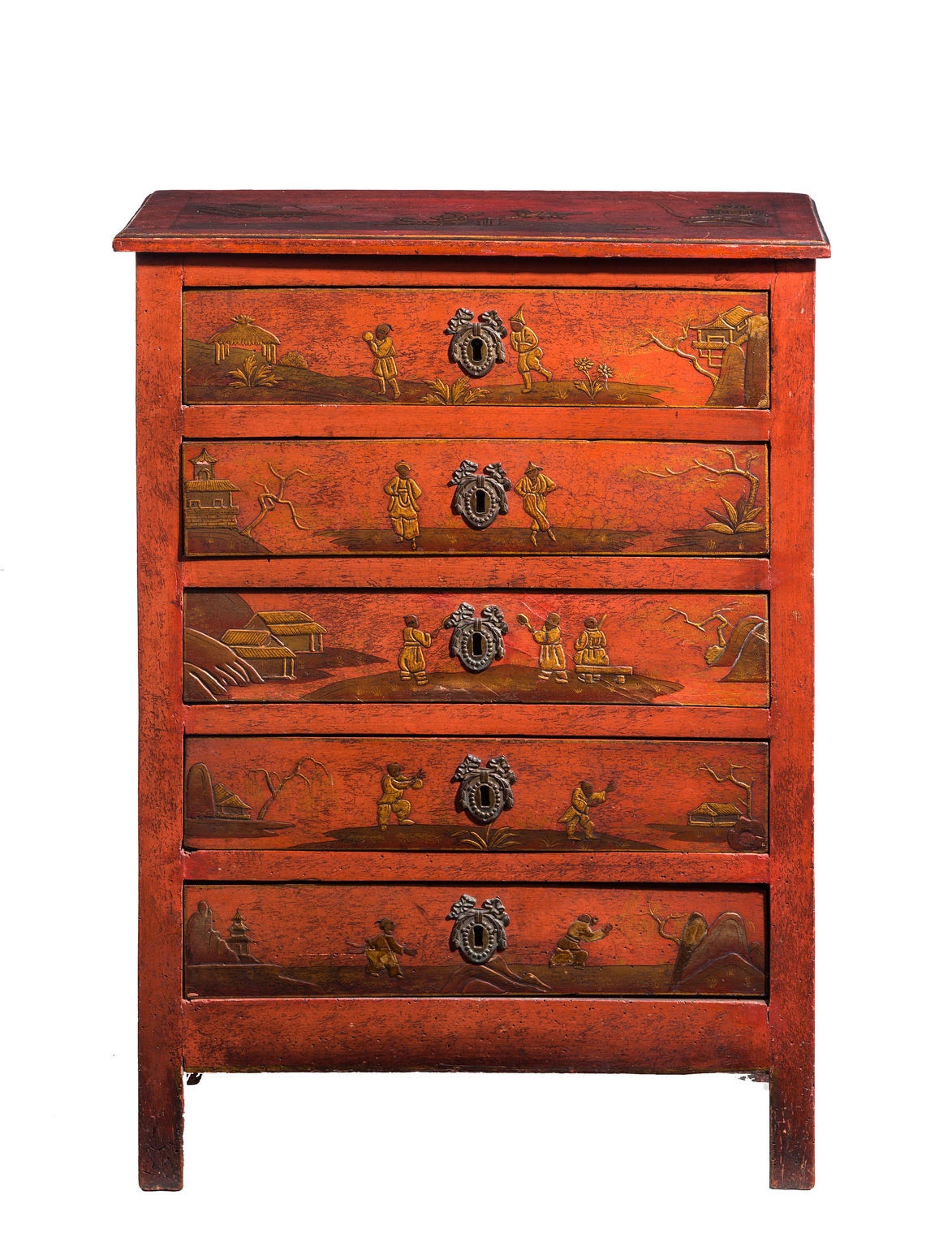 A rare mid-18th century Continental red lacquered chest, of unusually slender proportions. The finely painted and gilded decoration in the oriental taste and more than 90% original. Period escutcheons.