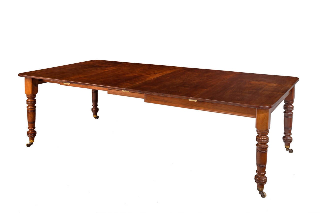 A late Regency square table with three large leaves and three small leaves. Able to be used with any configuration. Well turned supports terminating in original shoes and casters.

The price of dining tables, Richard Gillow wrote in 1786, depended