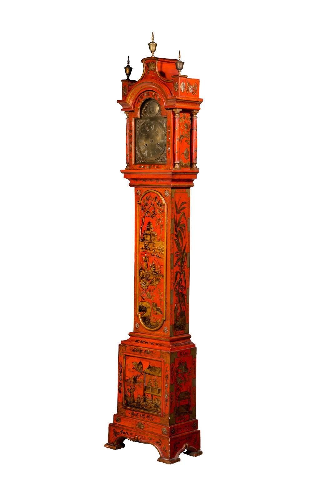 A very finely decorated early 20th century chinoiserie granddaughter clock. With an arched dial, involving cast bangles. Original decoration.