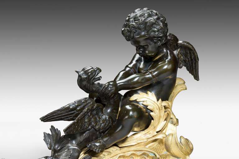 Pair of 19th Century Bronze and Gilt Bronze Chenet For Sale 2