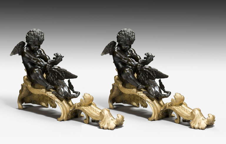 French Pair of 19th Century Bronze and Gilt Bronze Chenet For Sale