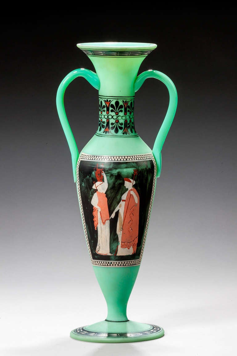 French opaline two handled vase, the reserve panel with Etruscan figures.

Opaline glass is a decorative style of glass made in France from 1800s-1890s, though it reached its peak of popularity during the reign of Napoleon III in the 1850s and