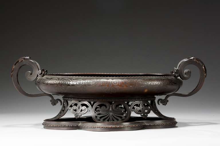 Oval bronze fruit bowl with pierced palmette base section and fine engraved top, 19th century.