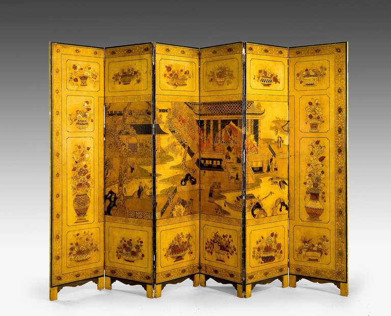 A fine quality leather six fold screen with well decorated oriental scenes and panels.


