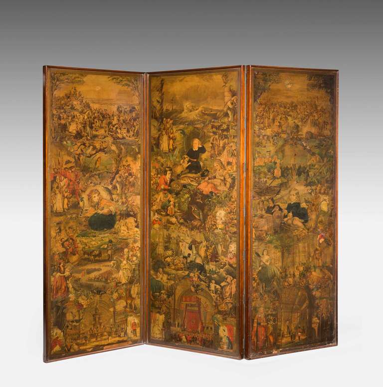 Good 19th century three-fold mahogany screen with scenes of sailing boats, fishing and domestic animals and lovers.