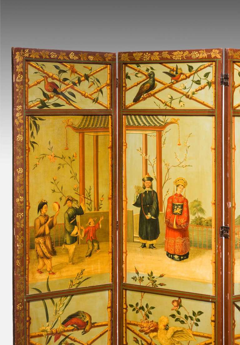 A fine 19th century four fold panel screen, the face side with oriental figures and birds in palatial interiors, gilded leaves, fruit and prunus blossom.