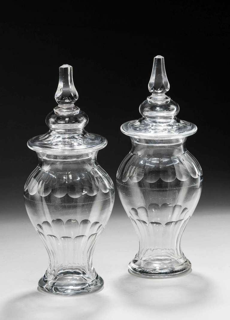 Pair of George III period lidded sweetmeat Jars, deeply incised and faceted decoration.

