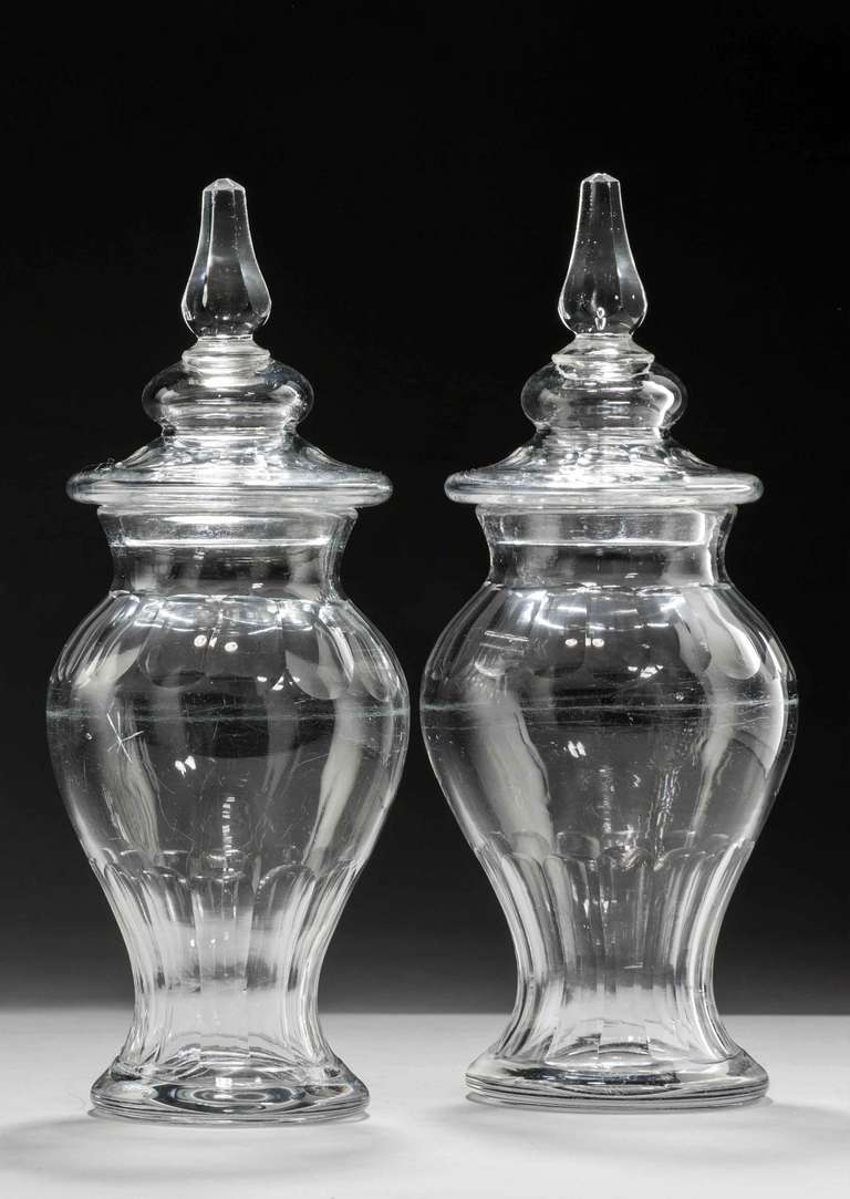 Pair of George III period lidded sweetmeat jars, deeply incised and faceted decoration, similar to #6520.

RR.
