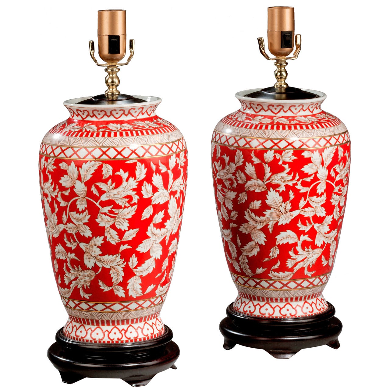Pair of Large Porcelain Red Ground Lamps