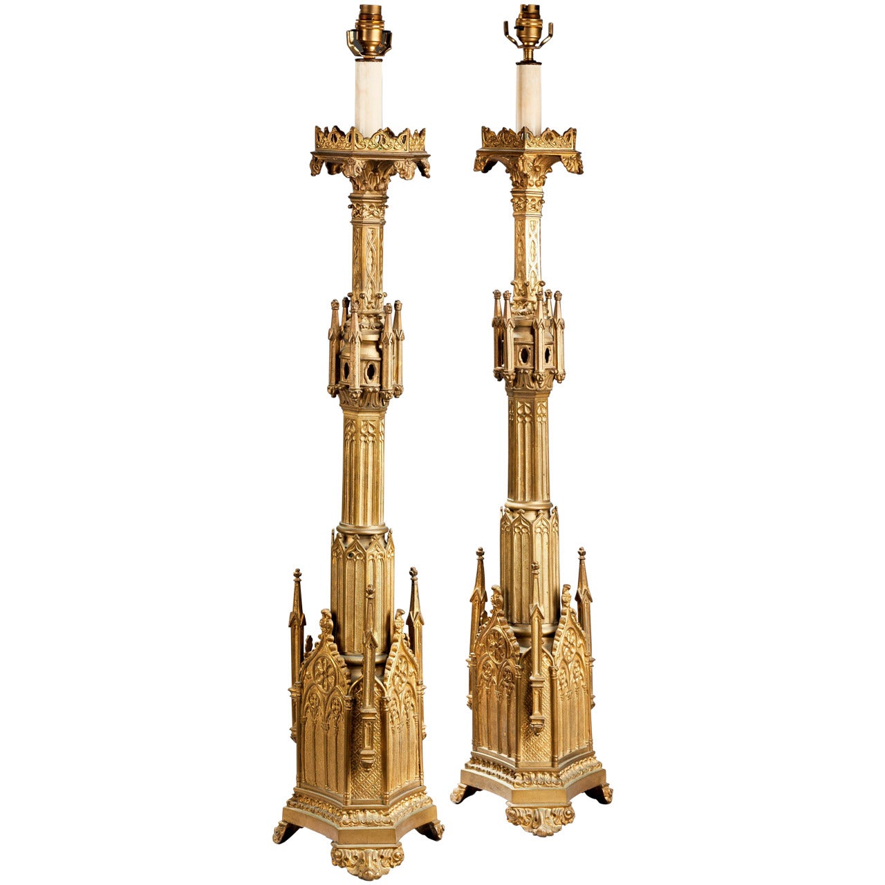Pair of 19th Century Gothic Gilt Bronze Lamps