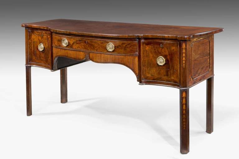 George III period Mahogany Sideboard, unsigned but pure Gillows Design. The front with satinwood geometric inlay, chamfered supports with harebell inlay.

Provenance
Robert Gillow (2 August 1704–1772) was an English furniture manufacturer. 
Born