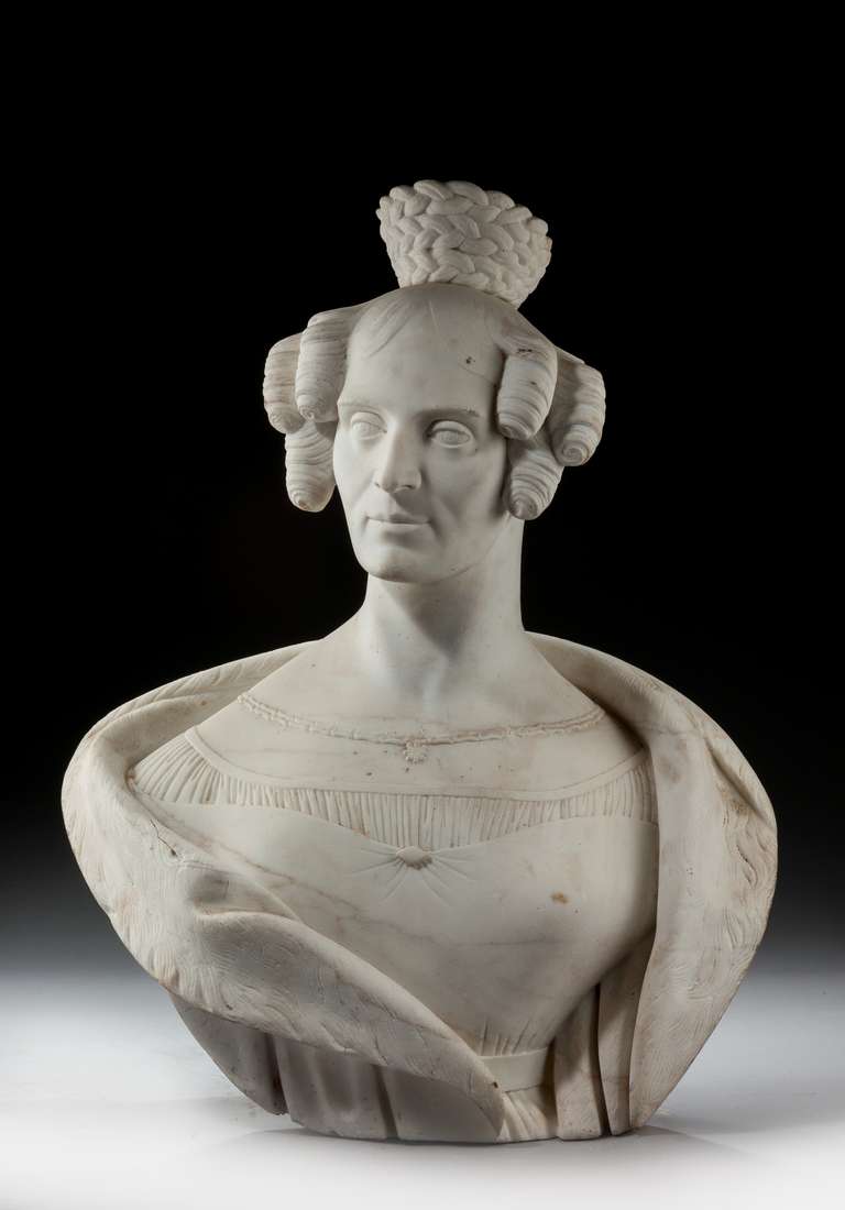 19th century marble bust of a young woman, the basket woven top detachable.

RR.
