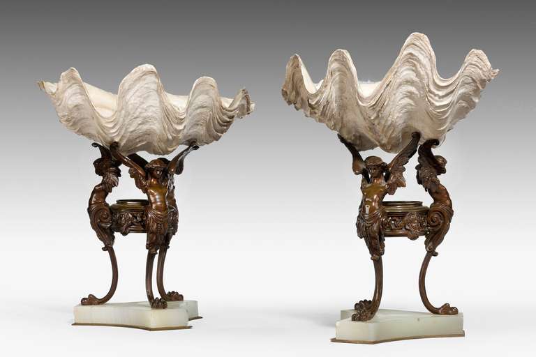 An unusual pair of natural conch shells supported by three winged female bronze figures on a triform alabaster base, circa 1885-1890, old repairs not visible to the shells.