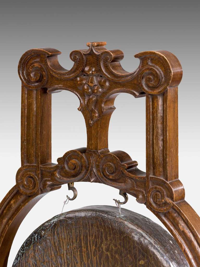 A well carved oak hall gong with an inscribed brass tablet.

Provenance: 
Presented to miss christie on the occasion of her marriage by the outdoor and indoor servents at Levenfield Galangad and Inveruglass, September