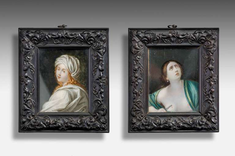 Pair of 19th century miniature paintings, one of Lucretia, the other of Sybilla both within well carved frames. After Guido Reni.