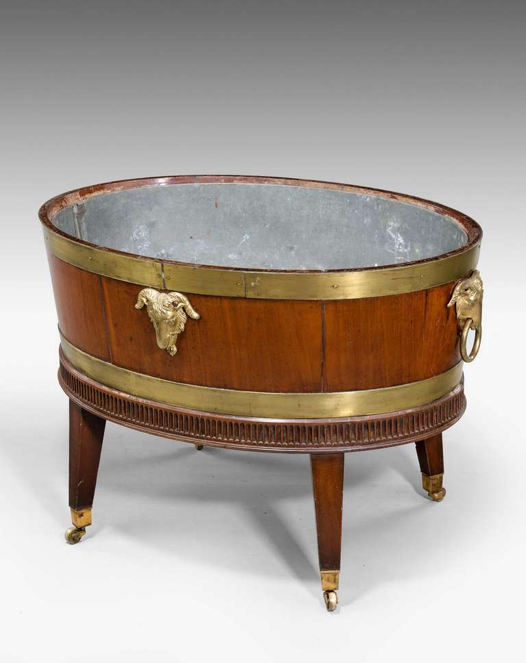 A mahogany late 19th century oval wine cooler with well-cast gilt bronze rams heads between two broad circular gilded brass bands, the base with arcaded reeding above the four tapering square supports.

RR.