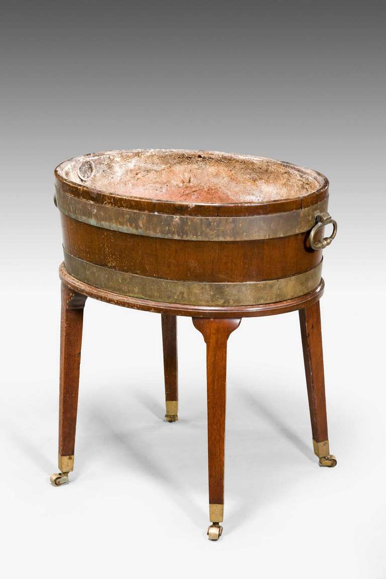 A good George III period mahogany wine cooler on unusually high and well-proportioned stand, the top section with two very broad and original brass bands, the cooper constructed top with original fine period cast handles.
