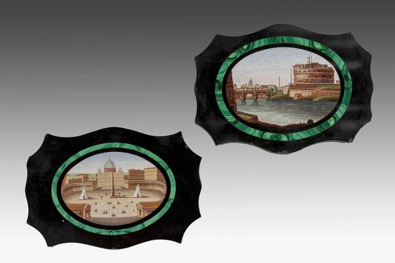 Pair of good quality 19th century Micro Mosaics pictures within slate frames with inlaid oval malachite. Typical grand tourist Roman views.

Micro Mosaics were popular purchases by visitors on the Grand Tour, easily portable and often taken home