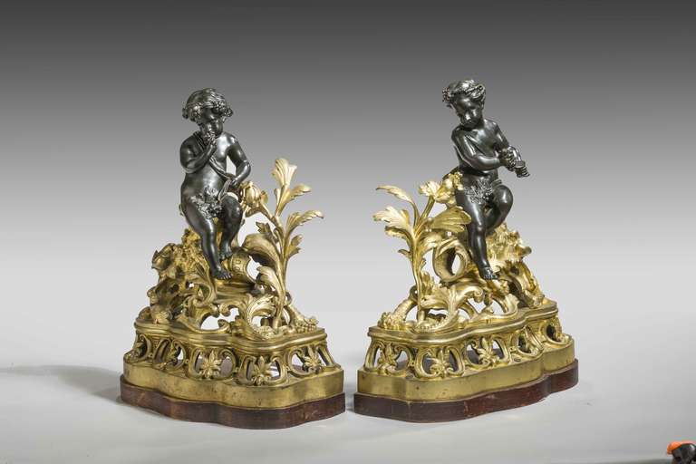 A good pair of 19th Century bronze and gilt bronze Chenet, dating from the last quarter of the 19th Century with elaborate scroll work and foliage with original surfaces.

RR