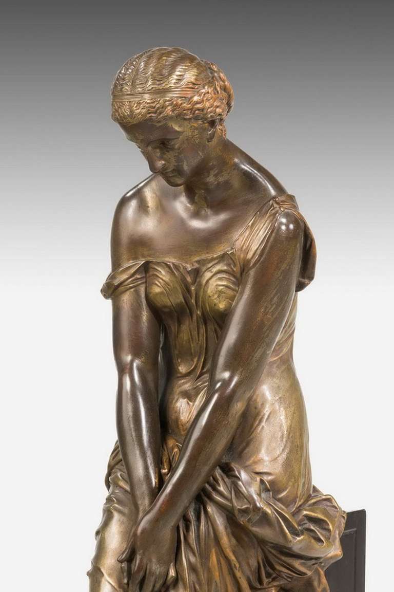 Bronze 19th Century Seated Maiden on a Stepped Black Marble Base