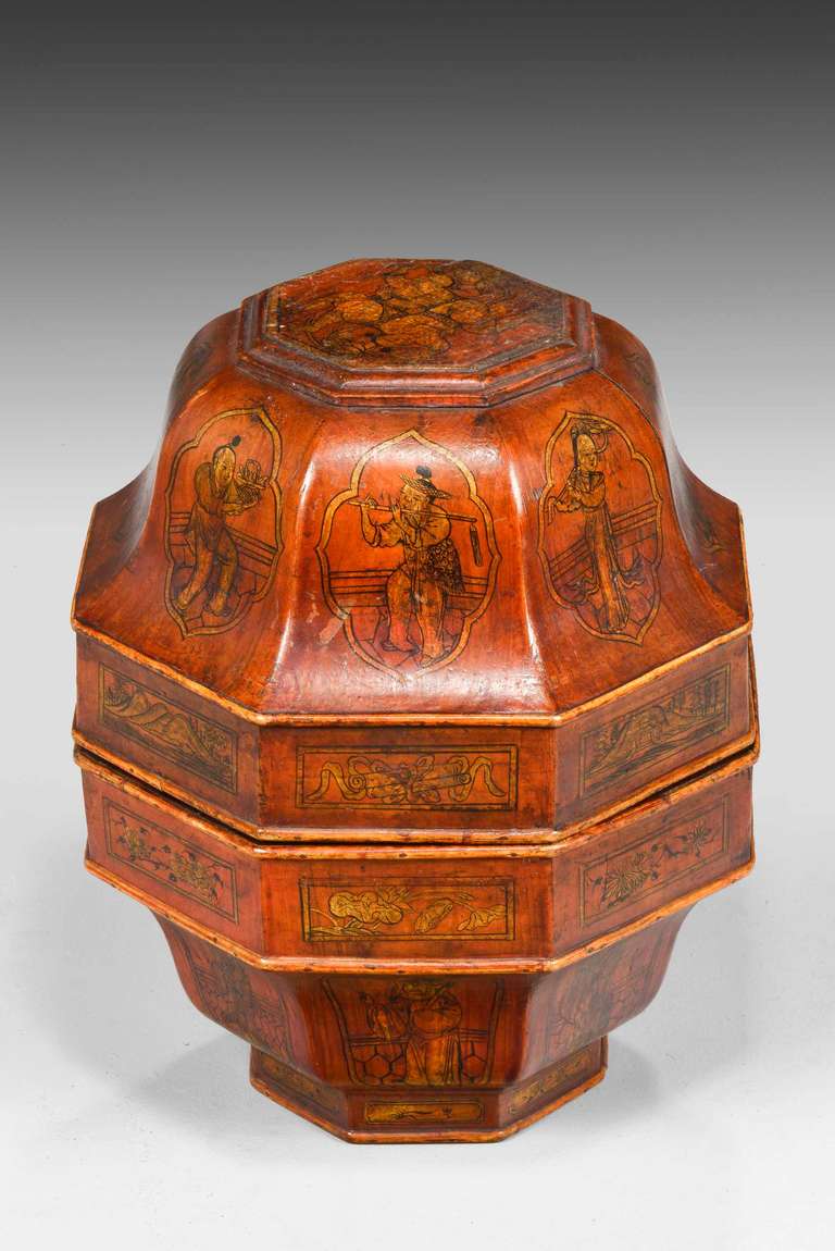 19th Century Hexagonal Chinese lacquer Tiffin Box retaining it's original decoration.