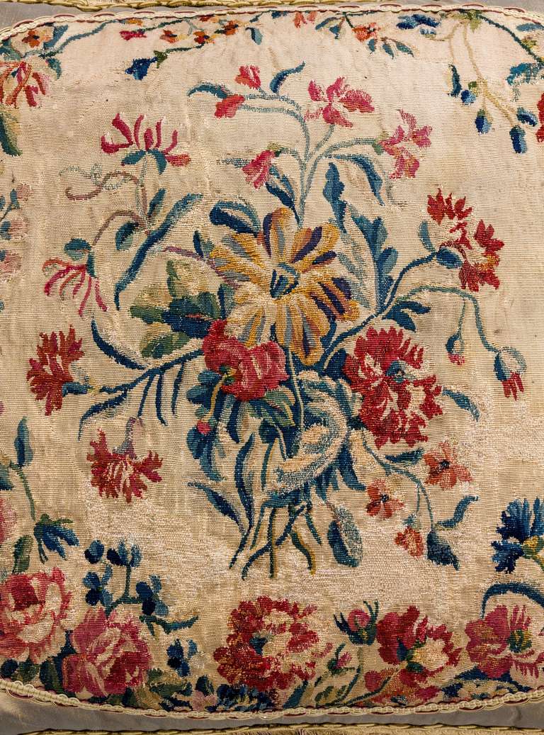 French Cushion: Late 18th Century, Wool with a Central Bouquet of Flowers For Sale