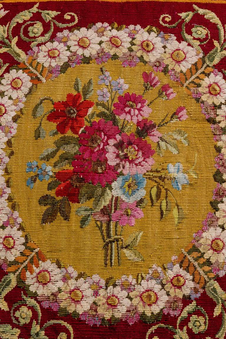 Cushion: 18th Century, Wool And Silk. Flowers on a Gold Background In Excellent Condition In Peterborough, Northamptonshire