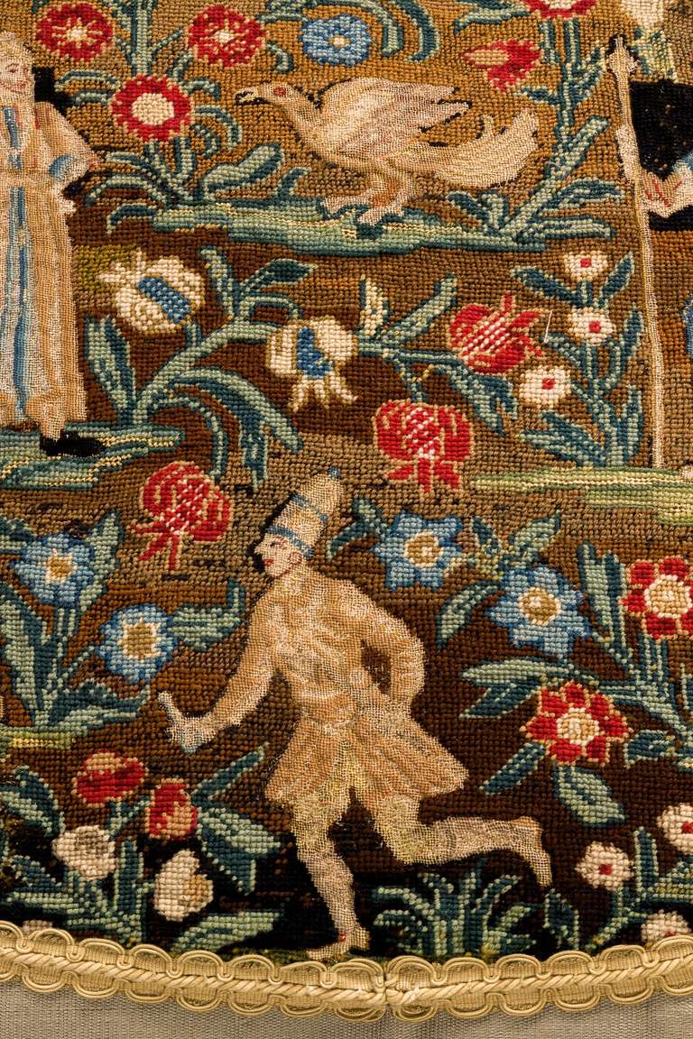 French Cushion: Mid-18th Century with Exotic Birds and Figures