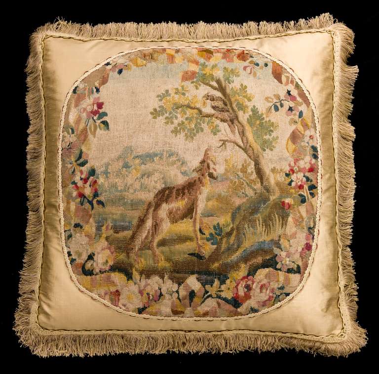 Mid-18th century, French, wool with silk highlights. A hound stalking a bird in the branches of a tree, most likely depicting a scene from Aesop’s fables.

RR.
