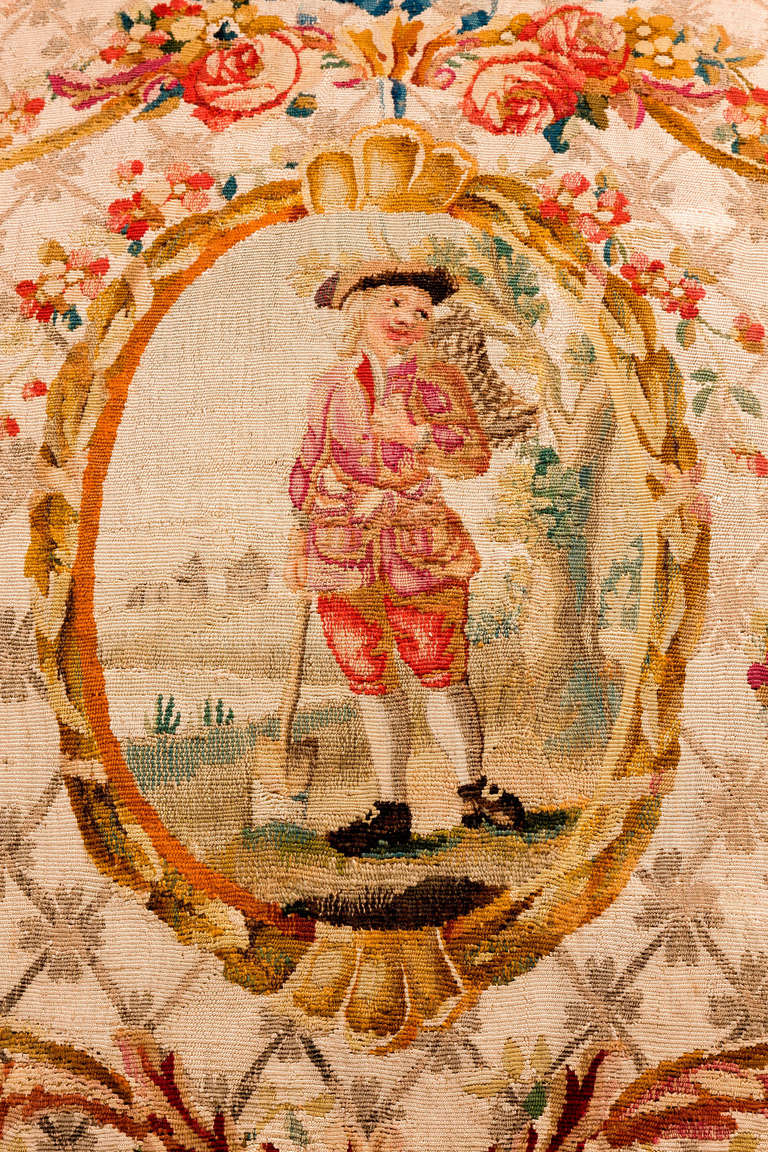 French Cushion: Mid-18th Century, Silk. A Gardener Framed with Foliage