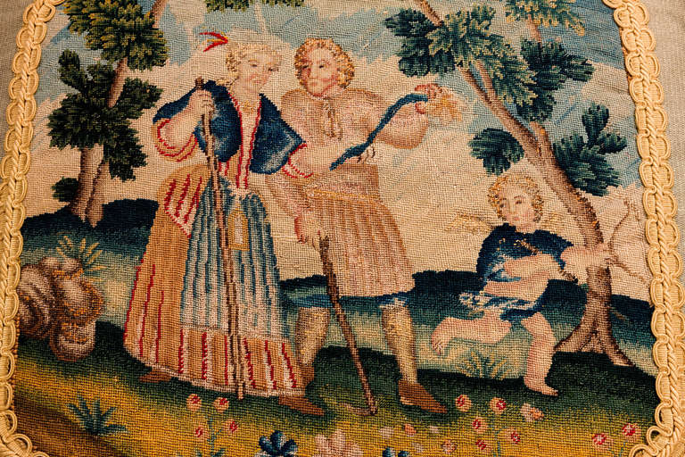 French Cushion: 18th Century, Wool. Three Figures in a Garden Setting