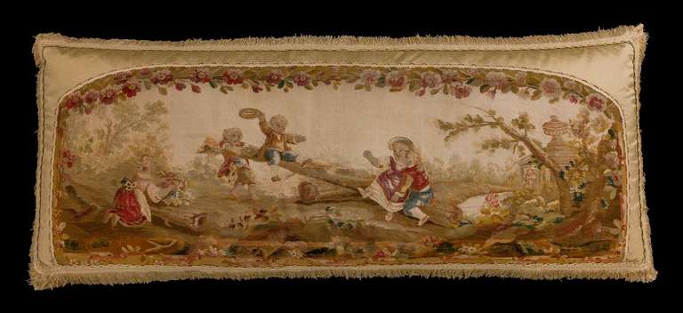 Cushion: 18th Century, Wool. Children Gamboling in a Rural Setting