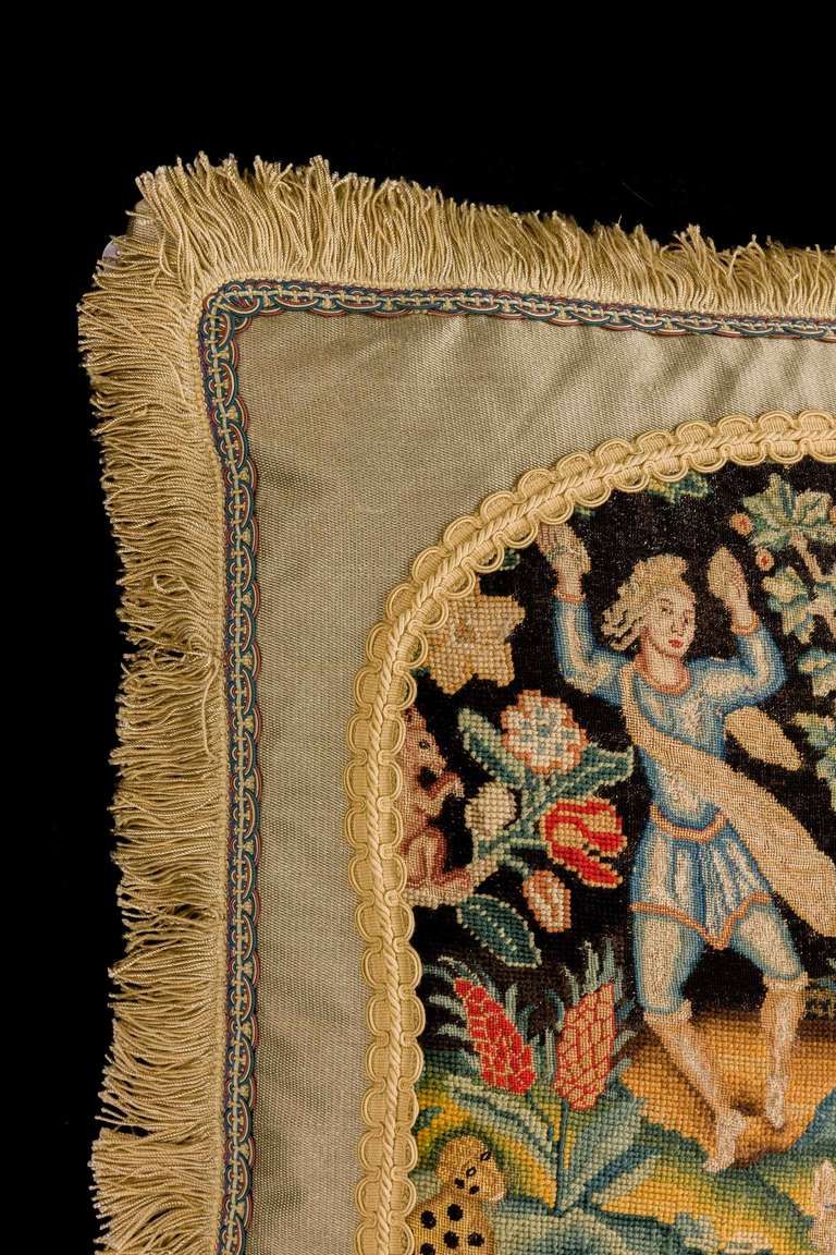 French Early 18th Century Cushion. Two Figures in a Mythical Garden