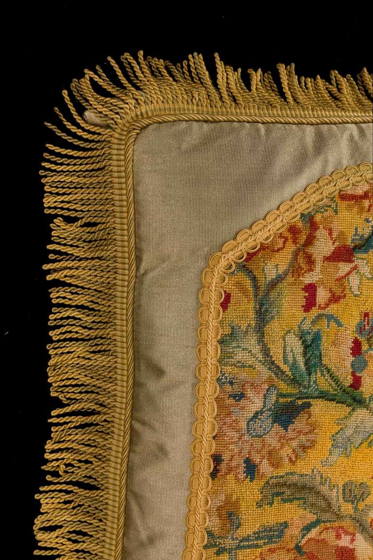 French Cushion: Mid to Late 18th Century, Wool. Exotic Flowers on a Yellow Background