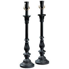Pair Of Large Bronzed Pottery Candlestick Lamps Pair Of Large Bronzed Pottery Candlestick Lamps